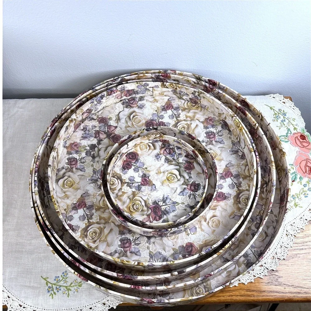 Vintage Tri-coastal Design  Floral Nesting Hat Boxes Set of 6  Shabby Chic